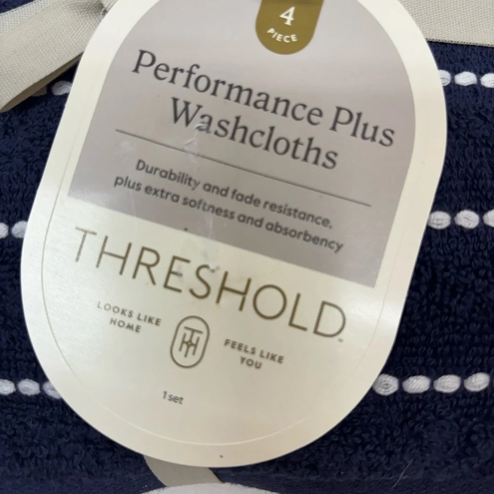 4pc Performance Plus Washcloths Navy Striped Threshold Cotton Polyester Blend